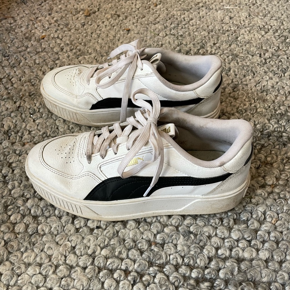 PUMA Karmen Rebelle Platform size W 9.5 B&W leather with gold logo